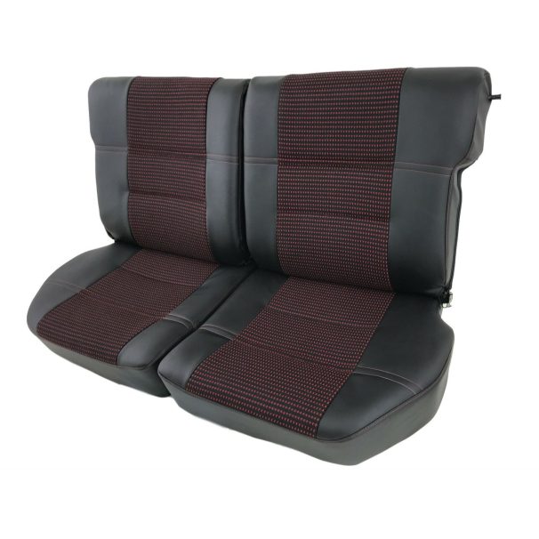 Sitzbezüge aus Schwarz Leder und roter Quartettstoff für Peugeot 205 GTI  Sitze - Top Sellerie - Top Sellerie Auto
